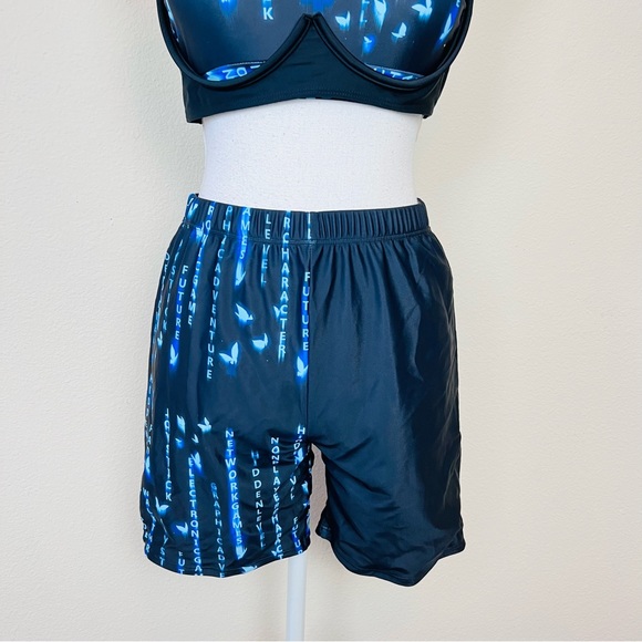 Blue Black Colorblock Matrix Futuristic Asymmetrical Crop Top & Biker Shorts Set - Picture 8 of 15